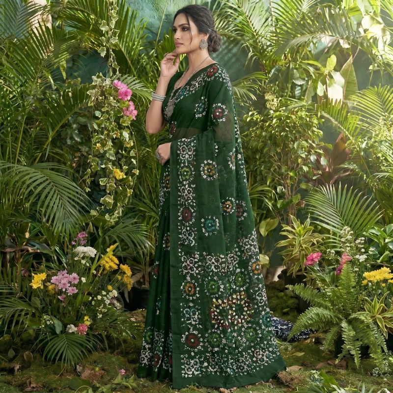 mul mul dark green saree