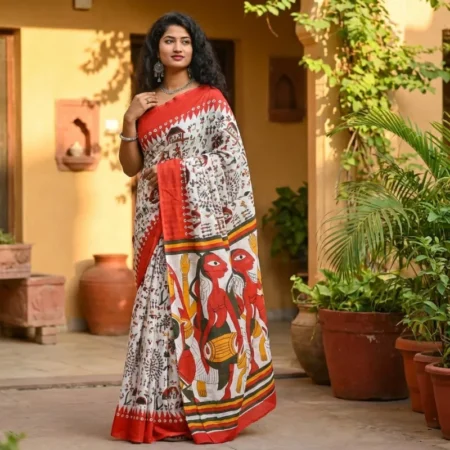 red mul mul cotton saree