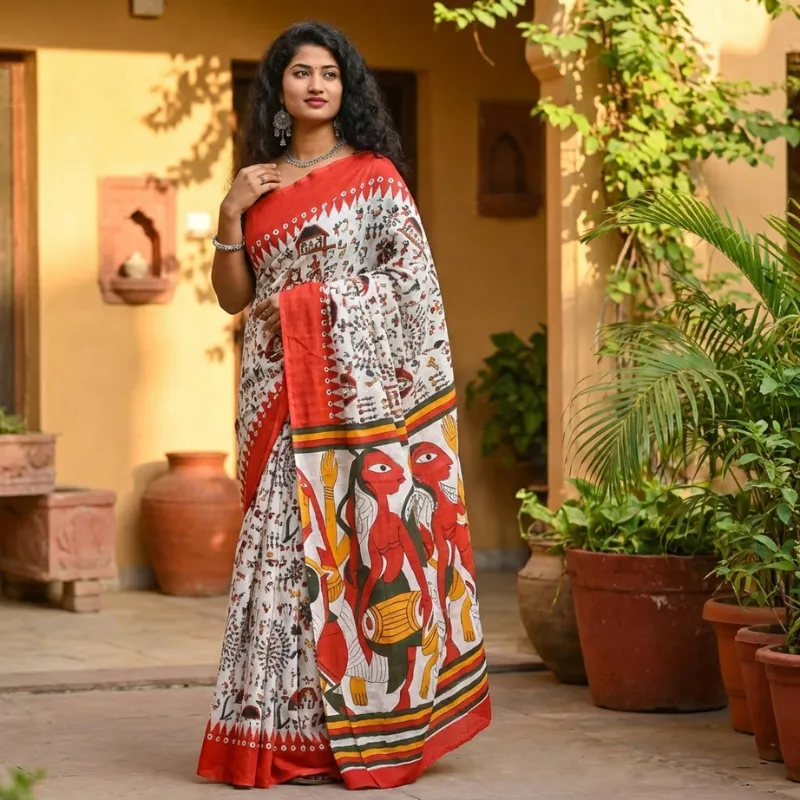red mul mul cotton saree